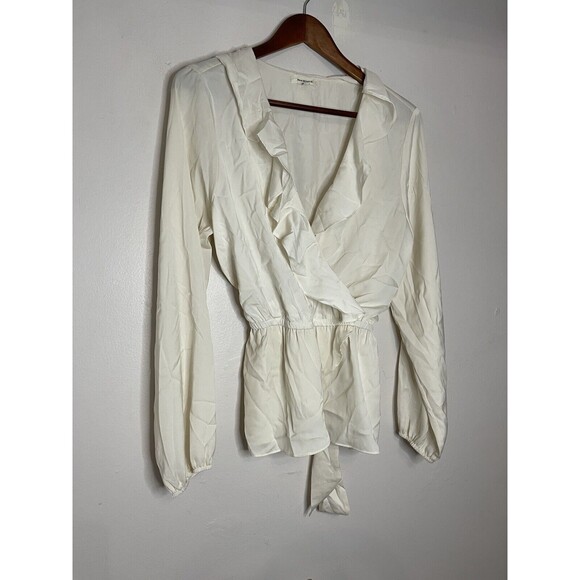 Max Studio Women's Large Long Sleeve Wrap Ruffle Front Top Blouse Off White - Picture 2 of 6